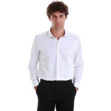 Beyaz Slim Fit Düz 100% Pamuk Açık Italyan Yaka Uzun Kollu Saten Gömlek