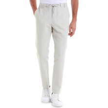 Bej Regular Fit Çizgili Yandan Cepli Keten Pantolon