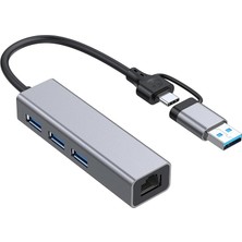 Thot USB ve Type-C Hub 3.0 To RJ45 Ethernet 1000 Mbps Gigabit ve USB 3.0 Çoklayıcı Dönüştürücü 3 Port USB