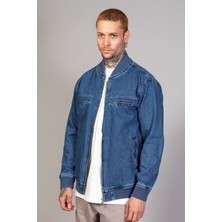  Erkek Fermuarlı Mavi Oversize Motorcu Kot Ceket