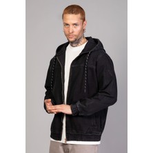 Erkek Kapüşonlu Oversize Marsıan Siyah Kot Ceket