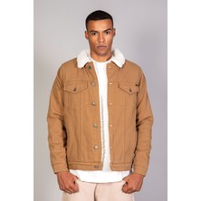 Taba Içi Beyaz Kürklü Kol Içi Kapitone Oversize Kot Ceket