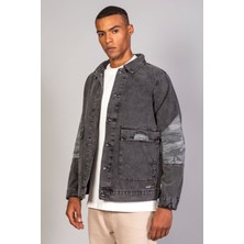 Erkek  Kamuflaj Detaylı Oversize Antrasit Kot Ceket