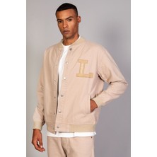 Bej Erkek Çıtçıtlı Oversize Ribana Detay Kot Ceket