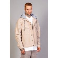 Little Cup Jeans Co Oversize Erkek Bej Çıkarılabilir Kapüşonlu Kot Ceket Slim Fit %98 Pamuk Günlük Stil