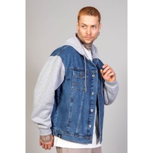 Erkek Oversize Mavi Kollar Polar Kapüşonlu Kot Ceket