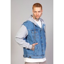 Erkek Oversize Buz Mavisi Kollar Polar Kapüşonlu Kot Ceket