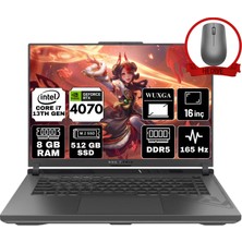 Asus Rog Strıx G16 Intel Core I7-13650HX 8gb 512GB SSD RTX4070/8GB 16" Wuxga 165Hz Freedos Taşınabilir Bilgisayar G614JI-N3188-A1 & Anzar Mouse