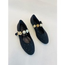 Eataly Shoes Siyah Hogen Düz Tüvit Kumaş Gold Tokalı Babet