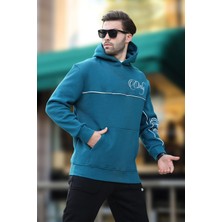 Petrol Mavisi Kapüşonlu Şerit Detaylı Baskılı Erkek Sweatshirt 7091