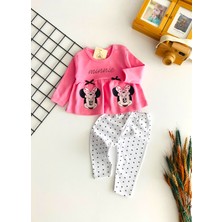 Neşeli Bebekler Minnie Baskılı Fiyonklu Yakadan Düğmeli Mevsmlik Takım Pembe