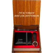 Hky Ahşap Kutulu Isme Özel  Deri Lastikli Erkek Cüzdan Kalem Anahtarlık Set