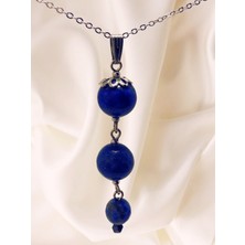 Lapis Lazuli Doğal Taş Kolye - Mavi Kolye - Casual Mavi Lapis Lazuli Gümüş Renkli Üç Taşlı Kolye