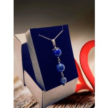 Lapis Lazuli Doğal Taş Kolye - Mavi Kolye - Casual Mavi Lapis Lazuli Gümüş Renkli Üç Taşlı Kolye