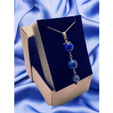 Lapis Lazuli Doğal Taş Kolye - Mavi Kolye - Casual Mavi Lapis Lazuli Gümüş Renkli Üç Taşlı Kolye