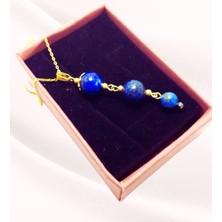 Lapis Lazuli Boncuklu Gold Renk Sallantılı Küpe ve Kolye Seti - Doğal Taş Takı -Üç Taş Kolye ve Küpe Takı Seti