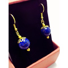 Lapis Lazuli Boncuklu Gold Renk Sallantılı Küpe ve Kolye Seti - Doğal Taş Takı -Üç Taş Kolye ve Küpe Takı Seti