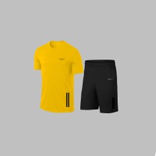 Yeni Seri Büyük Beden Erkek Sarı Dri-Fit Kumaş Cepli Baskısız Konforlu Tişört Şort Alt Üst Ikili Takım Seti  4XL-10XL