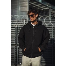 Tarz Yeri Oversize Tam Fermuarlı Uzun Kol Hırka - Siyah