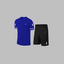 Poseidon Storm Erkek Mavi Dri-Fit Kumaş Spor Için Konforlu Cepli Bisiklet Yaka Tişört Şort Alt Üst Takım S-3xl