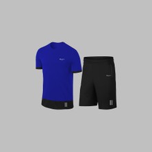 Erkek Mavi Dri-Fit Kumaş Spor Için Konforlu Cepli Bisiklet Yaka Tişört Şort Alt Üst Takım S-3xl