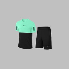 Poseidon Storm Yeni Seri Büyük Beden Erkek Su Yeşili Dri-Fit Kumaş Cepli Düz Kısa Kol Konforlu Rahat Tişört Şort Alt Üst Spor Seti  4XL-10XL