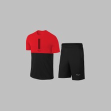 Yeni Seri Büyük Beden Erkek Kırmızı Dri-Fit Kumaş Cepli Baskısız Sıfır Yaka Kısa Kol Alt Üst Takım Tişört Şort Seti 4XL-10XL