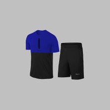 Yeni Seri Büyük Beden Erkek Mavi Dri-Fit Kumaş Antrenman ve Koşu Için Konforlu Cepli Düz Tişört Şort Seti 4XL-10XL