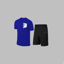 Erkek Mavi Dri-Fit Kumaş Antrenman ve Koşu Için Konforlu Cepli Kısa Kol Tişört Şort Ikili Takım S-3xl