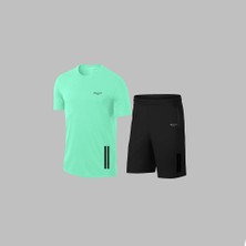 Yeni Seri Battal Beden Erkek Su Yeşili Dri-Fit Kumaş Spor Için Konforlu Cepli Kısa Kol Tişört Şort Ikili Takım  4XL-10XL