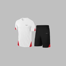Poseidon Storm Yeni Seri Büyük Beden Erkek Beyaz Dri-Fit Kumaş Yürüyüş ve Koşu Için Konforlu Cepli Kısa Kol Tişört Şort Ikili Takım 4XL-10XL