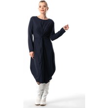 Eliş Şile Bezi Uzun Kol Athena Düğüm Detaylı Sonbahar ve Kışlık Midi Boy Otantik Yünlü Viskon Elbise Lacivert Lcvt