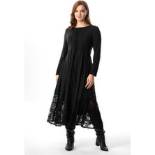 Eliş Şile Bezi Uzun Kol Karsu Bağlama Detaylı Sonbahar ve Kışlık Dantelli Asimetrik Kesim Uzun Yünlü Viskon Elbise Gri Gri