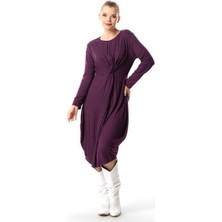 Eliş Şile Bezi Uzun Kol Athena Düğüm Detaylı Sonbahar ve Kışlık Midi Boy Otantik Yünlü Viskon Elbise Mürdüm Mrd