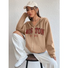 Unisex Bej Boston Baskı Kapüşonlu Hırka