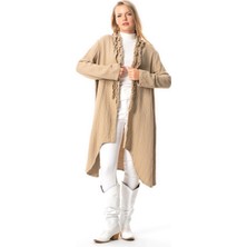 Uzun Kol Gizem Sonbahar ve Kışlık Asimetrik Kesim Double Müslin Ceket Vizon Vzn