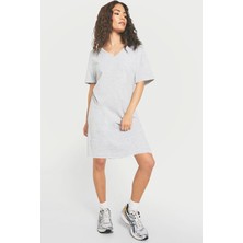 Rock&Roll Düz Gri Melanj V Yaka Yarım Kol Diz Boyu Rahat Ev Elbisesi Gecelik