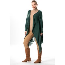 Uzun Kol Parla Düğme Detaylı Sonbahar ve Kışlık Saçaklı Triko Hırka Yeşil Ysl