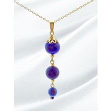 Lapis Lazuli Doğal Taş Kolye - Mavi Kolye - Casual Mavi Lapis Lazuli Gold Renkli Üç Taşlı Kolye