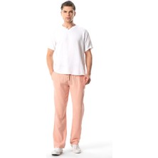 Müslin Beli Lastikli Çift Cepli Erkek Yazlık Pantolon Pudra Pdr