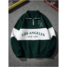 Unisex Los Angeles Baskılı Oversize Parçalı Polo Yaka Fermuarlı Sweatshirt