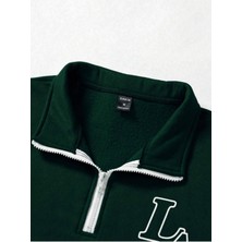 Unisex Los Angeles Baskılı Oversize Parçalı Polo Yaka Fermuarlı Sweatshirt