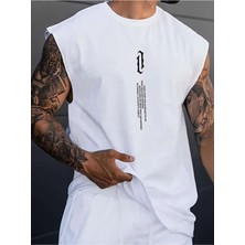 Erkek Beyaz Dikey Baskılı Oversize Kolsuz T-Shirt