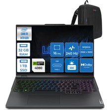 Lenovo Legion Pro 7 I9-14900HX 32GB 1tb SSD 12GB/RTX4080/175W 16" 240Hz 500NITS Hdr Wqxga WIN11PRO Taşınabilir Bilgisayar L83DE002WTRWP01 + Zettaçanta