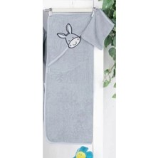 Mixi Baby Gri Renk 3 Parça Bebek Bornoz Seti - Tavşan Nakışlı
