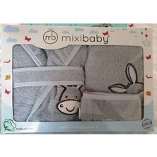 Mixi Baby Gri Renk 3 Parça Bebek Bornoz Seti - Tavşan Nakışlı