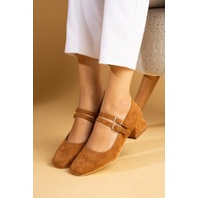 Pembe Potin Çift Bant Kare Burunlu Baretli Kısa Blok Topuklu Kadın Ayakkabı 53-200-24SÜET