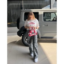 Kinzi Siyah Beyaz Leopar Loose Fit Straight Denim Pantolon