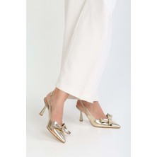 Shoeberry Kadın Fiorella Altın Parlak Fiyonklu Topuklu Stiletto