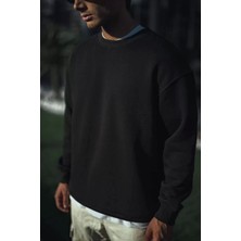 Kışlık Bisiklet Yaka Üç Iplik Basic Sweatshirt - Siyah